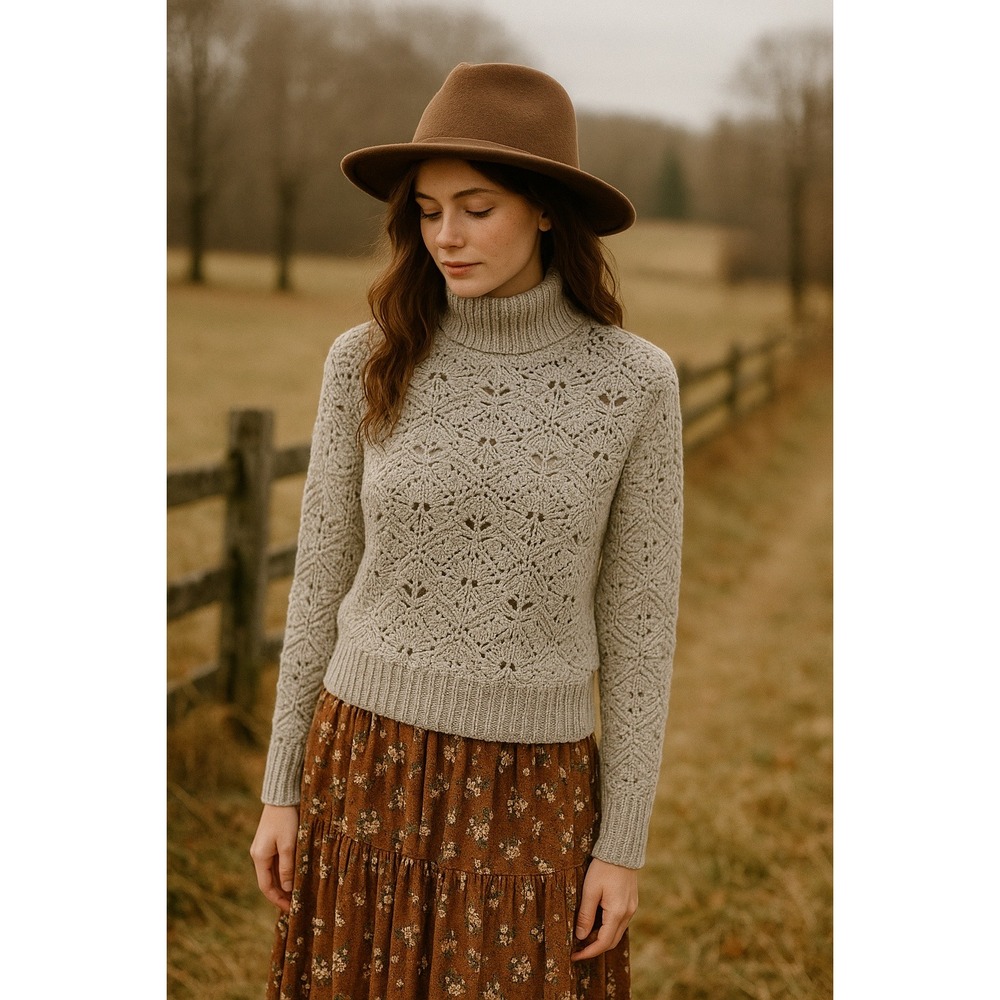American Eagle Outfitters M Boho Cottagecore Gray Crochet Sweater Mock Neck Soft